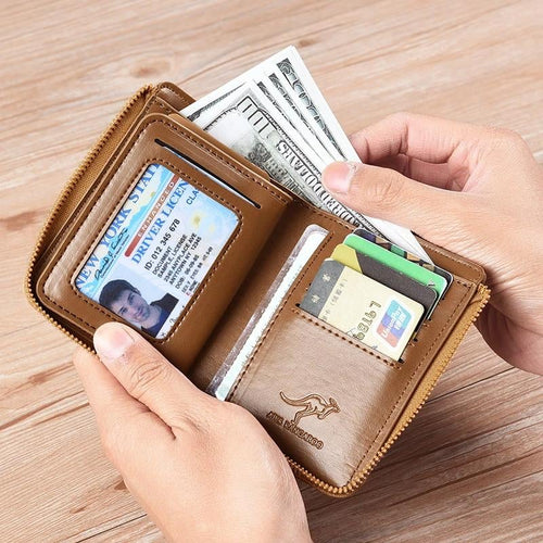 (π2024 New Year Hot Saleπ)Men Wallet Zipper Genuine Leather Purse ( RFID PROTECTED )