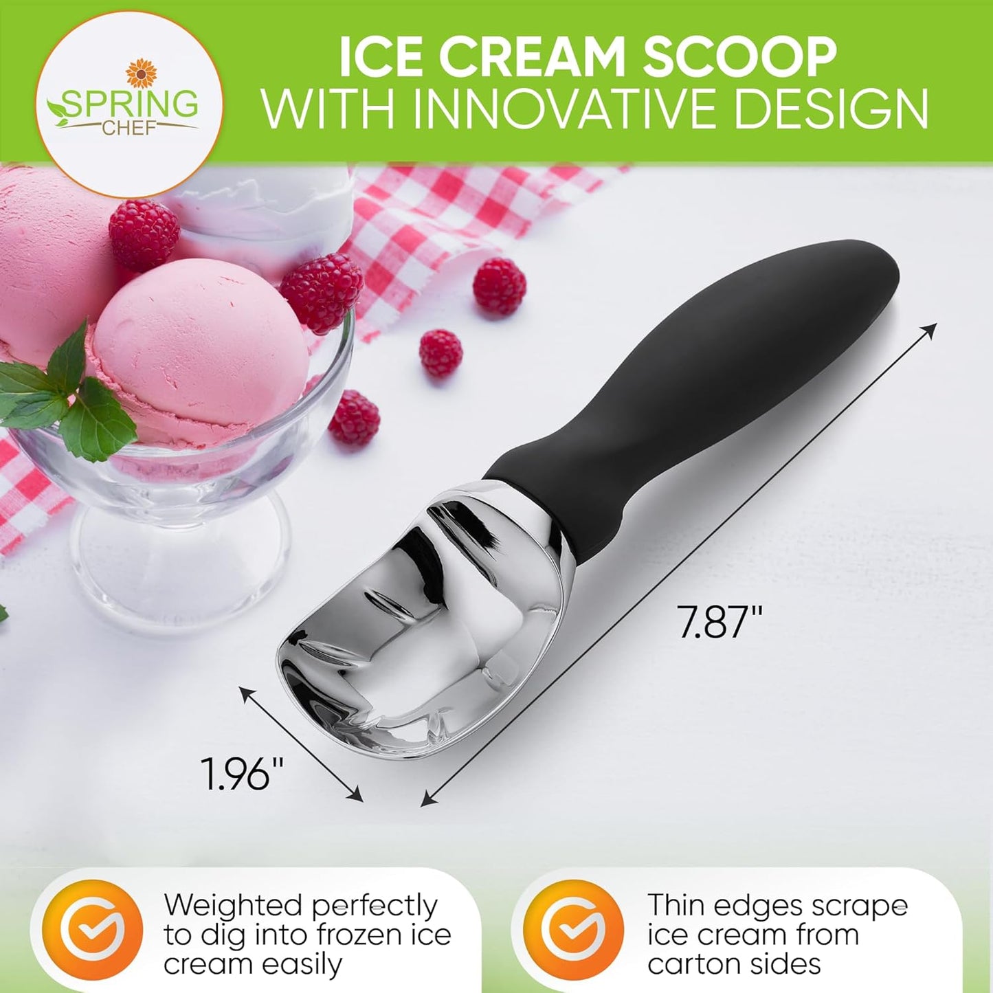 🍨🍧Heavy Duty Ice Cream Scoop with Comfortable Handle - Professional Ice Cream Scooper for Gelato, Sorbet, Cookie Dough, Melon, Frozen Yogurt - Dishwasher Safe Metal Kitchen Tool