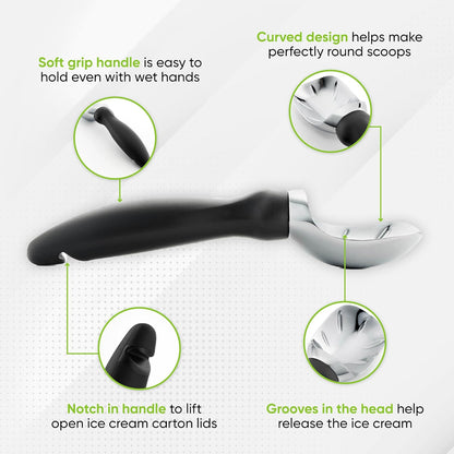 🍨🍧Heavy Duty Ice Cream Scoop with Comfortable Handle - Professional Ice Cream Scooper for Gelato, Sorbet, Cookie Dough, Melon, Frozen Yogurt - Dishwasher Safe Metal Kitchen Tool